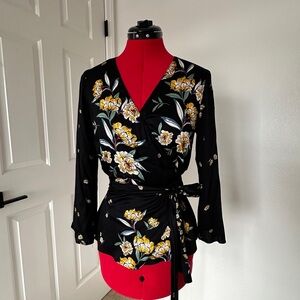 Zara Black and Yellow Floral Wrap Top small